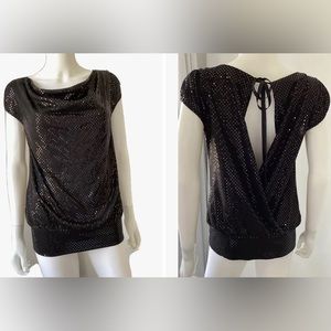 Express Loose Fit Sequin Top Cap Sleeve Open Back Cowl Neckline Black